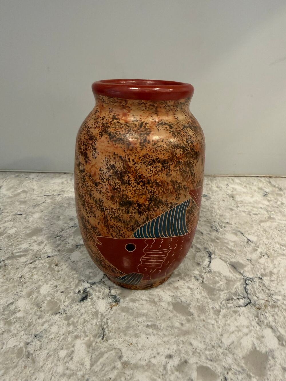 Vintage Folk Art Vase Koi Fish 6" JL